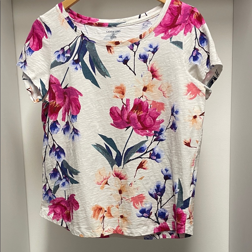 Lands' End Floral Short Sleeve Top - Pink, Blue, and White 100% Cotton Size L/P